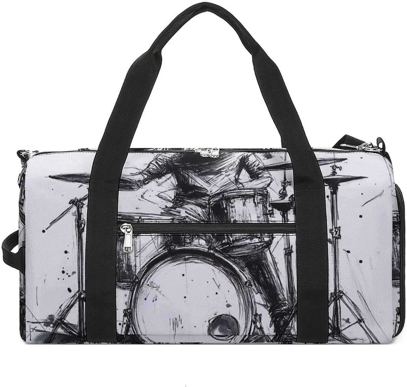 Graffiti Sketch Style Drummer Music Fitness Large Gym Bag for Unisex with Shoe Compartment & Wet Pocket