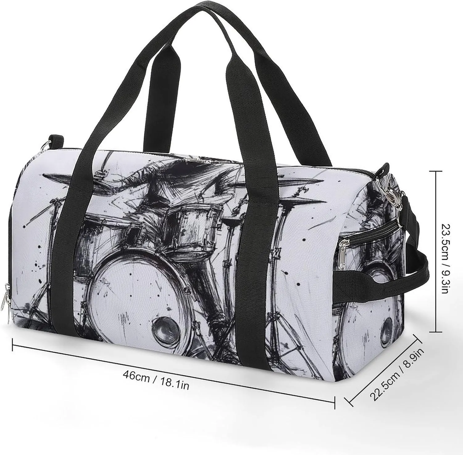 Graffiti Sketch Style Drummer Music Fitness Large Gym Bag for Unisex with Shoe Compartment & Wet Pocket