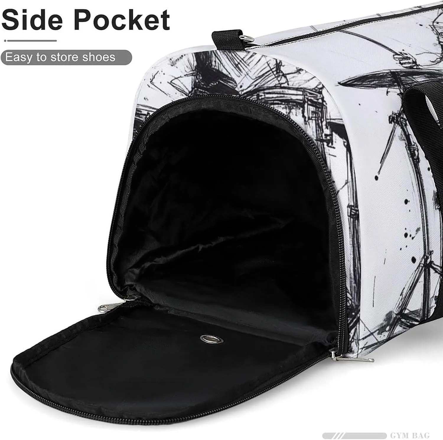 Graffiti Sketch Style Drummer Music Fitness Large Gym Bag for Unisex with Shoe Compartment & Wet Pocket