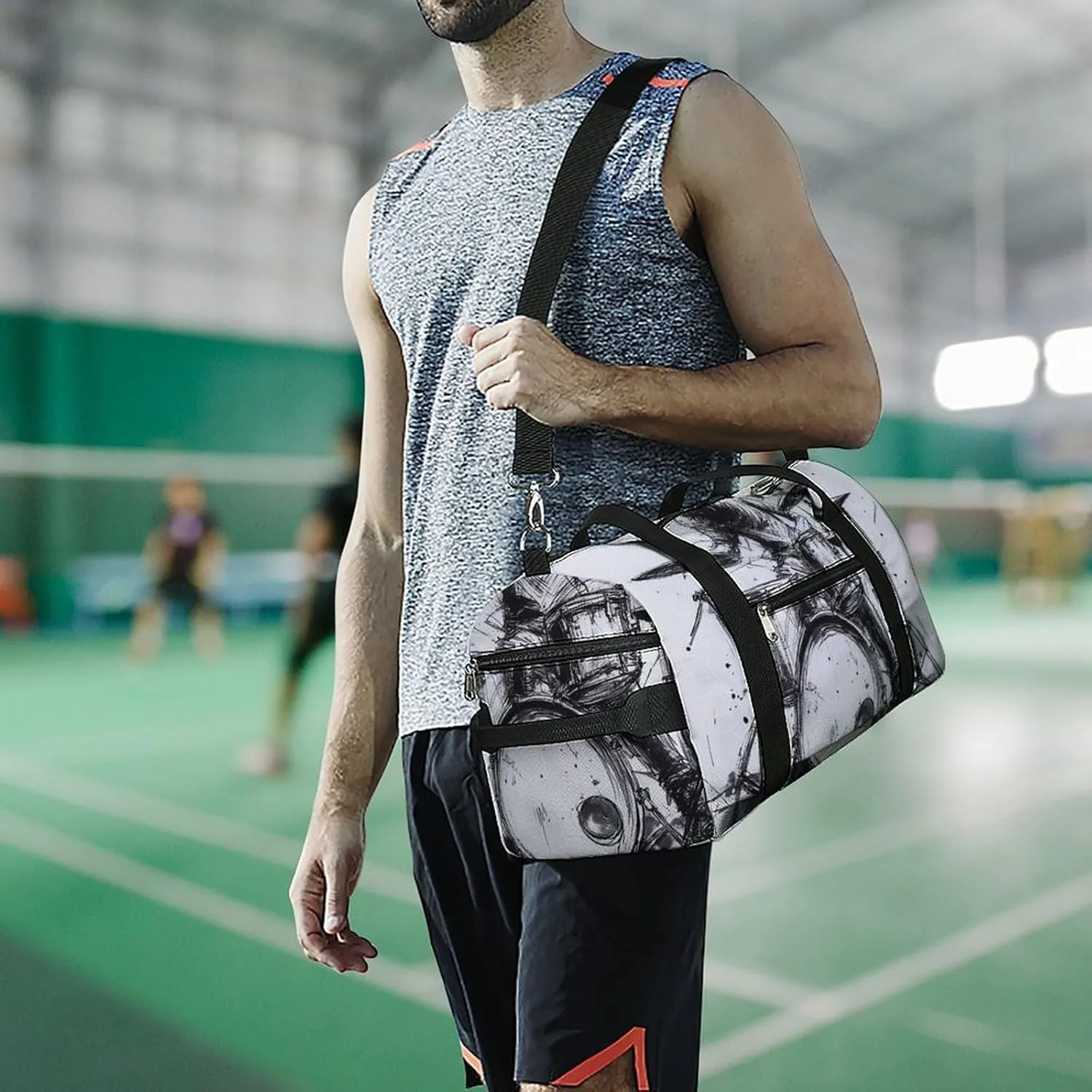 Graffiti Sketch Style Drummer Music Fitness Large Gym Bag for Unisex with Shoe Compartment & Wet Pocket
