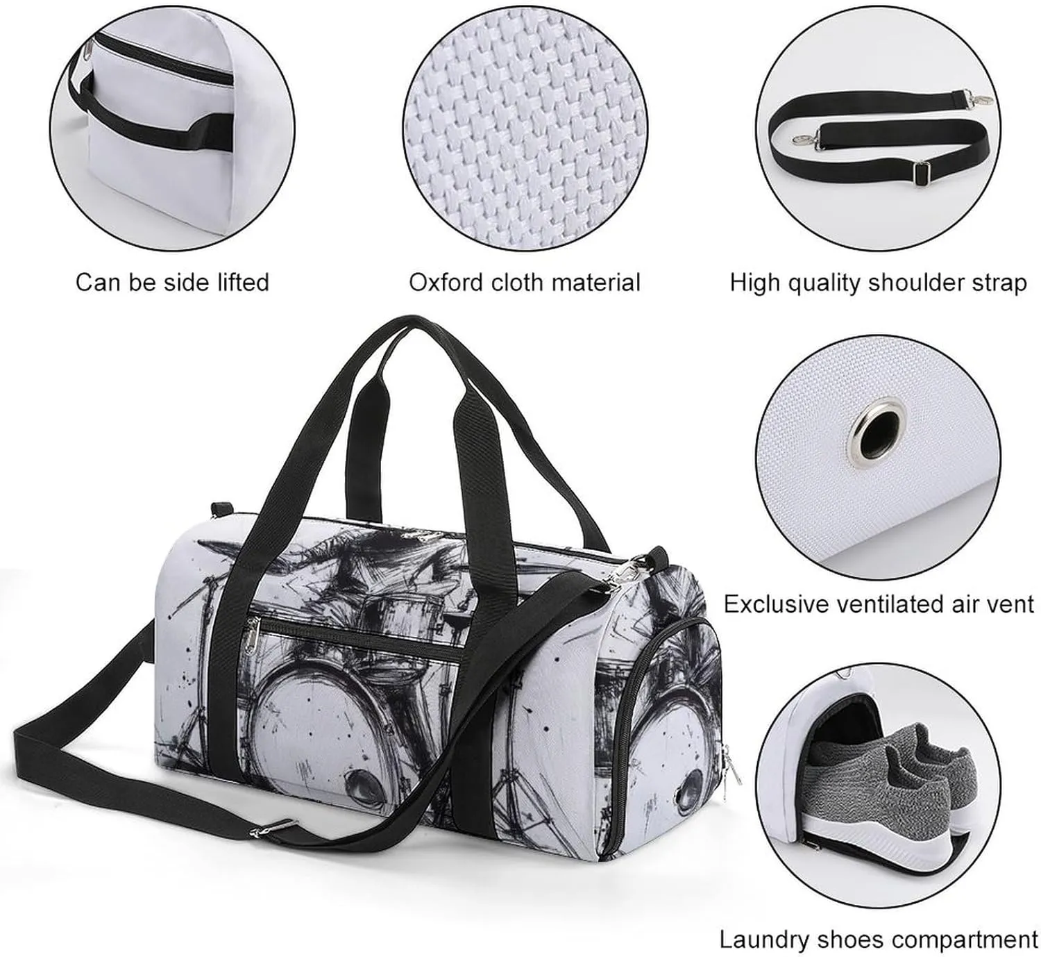 Graffiti Sketch Style Drummer Music Fitness Large Gym Bag for Unisex with Shoe Compartment & Wet Pocket
