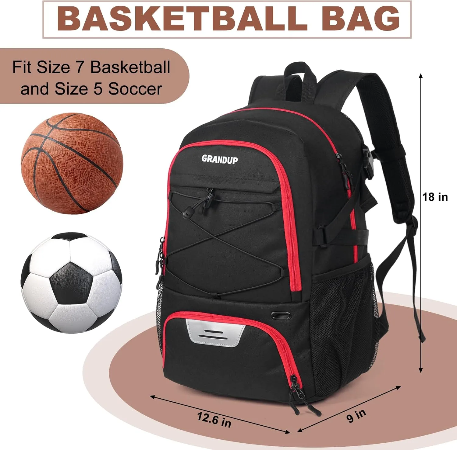 GRANDUP Basketball backpack with ball and shoes compartment Fit Volleyball, soccer, Swim, Gym, Travel, and School, large capacity sports training equipment bags