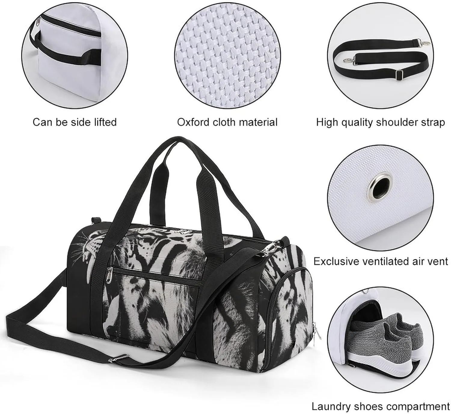 Growling Tiger Opening Mouth Fitness Large Gym Bag for Unisex with Shoe Compartment & Wet Pocket