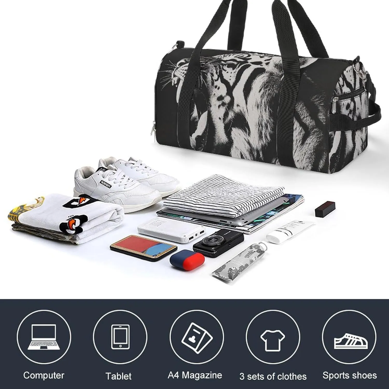 Growling Tiger Opening Mouth Fitness Large Gym Bag for Unisex with Shoe Compartment & Wet Pocket