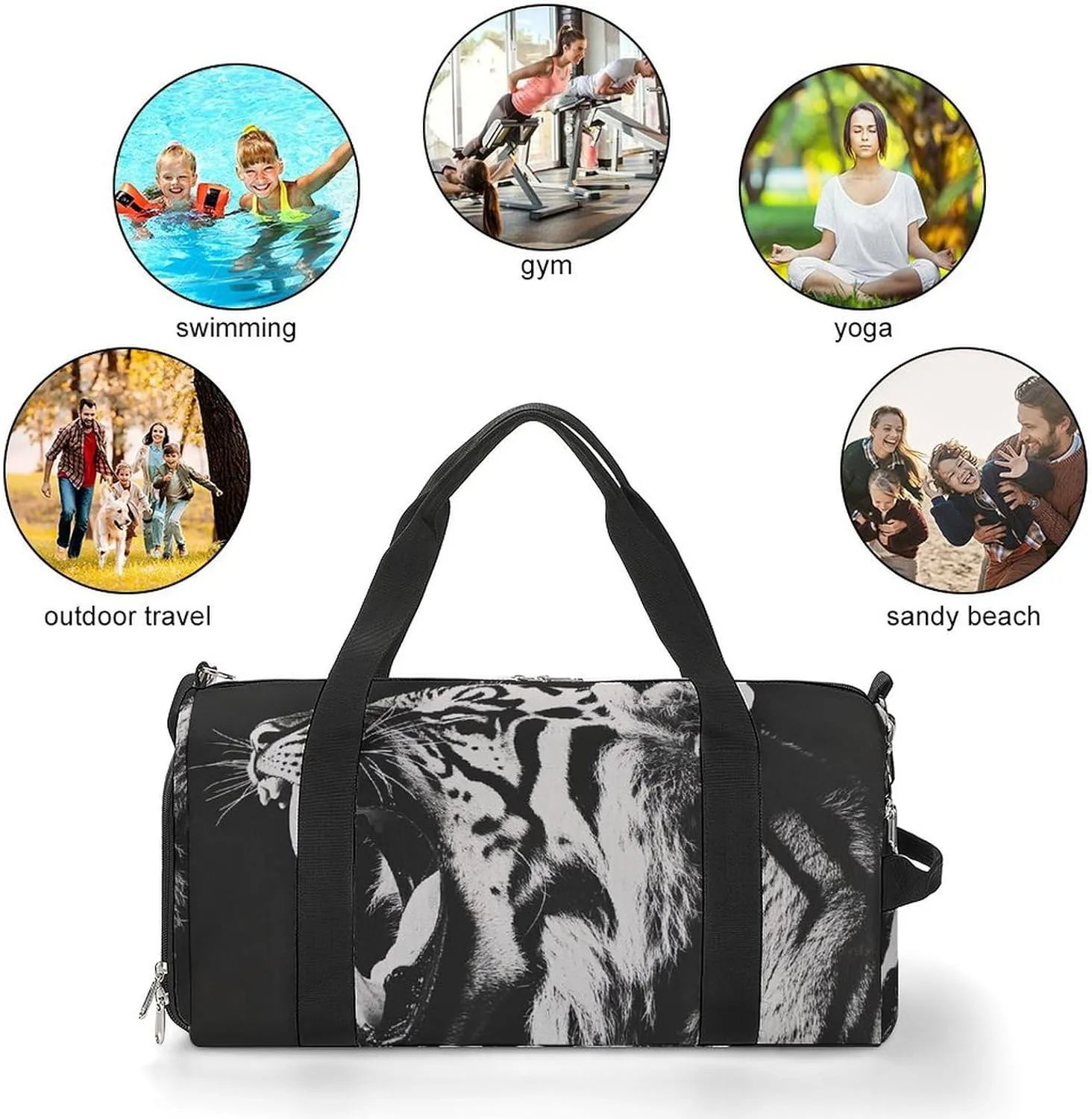 Growling Tiger Opening Mouth Fitness Large Gym Bag for Unisex with Shoe Compartment & Wet Pocket