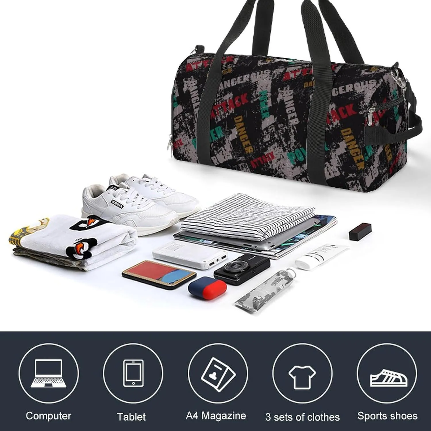 Grunge Lettering Graffiti with Text Fitness Large Gym Bag for Unisex with Shoe Compartment & Wet Pocket