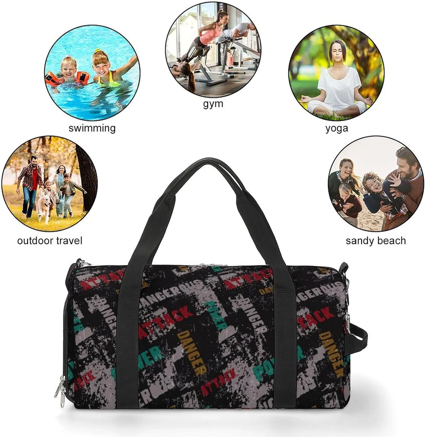 Grunge Lettering Graffiti with Text Fitness Large Gym Bag for Unisex with Shoe Compartment & Wet Pocket