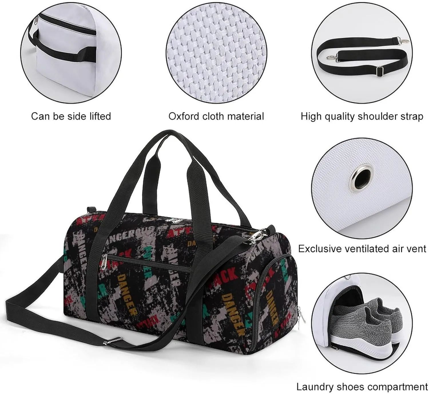 Grunge Lettering Graffiti with Text Fitness Large Gym Bag for Unisex with Shoe Compartment & Wet Pocket