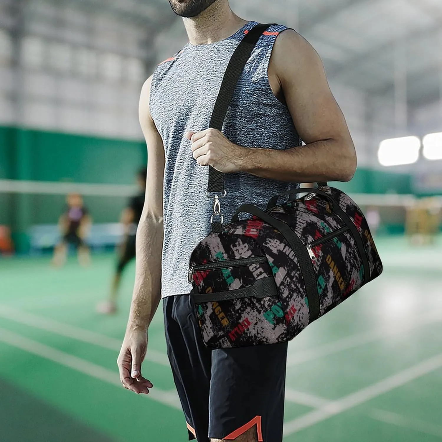 Grunge Lettering Graffiti with Text Fitness Large Gym Bag for Unisex with Shoe Compartment & Wet Pocket