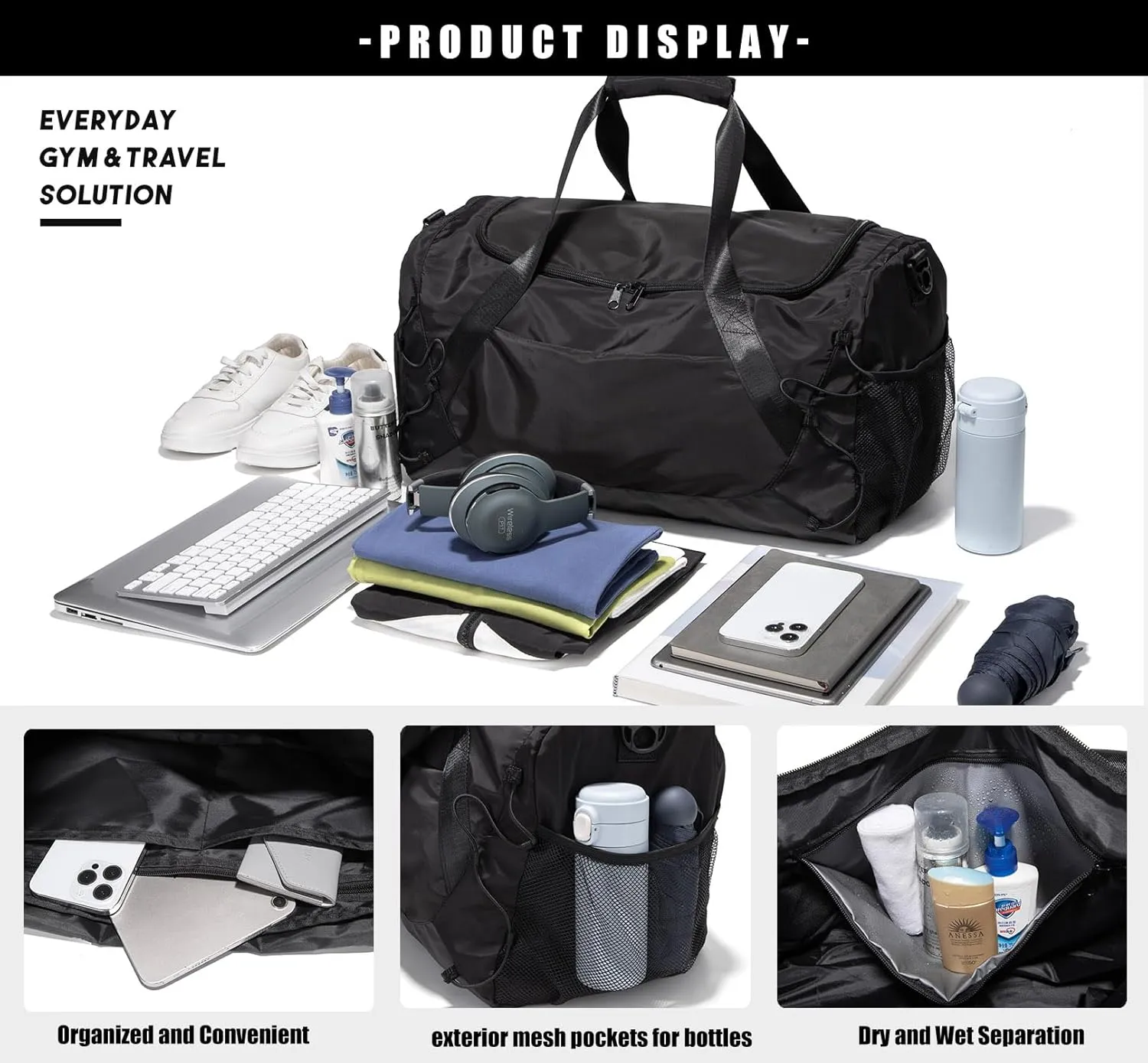 Gym Bag for Women Men Duffle Bag for Travel with Shoes Compartment and Wet Pocket Small Carry on Weekender Bags for Sports Overnight Fitness Yoga Dance Workout Swimming Hospital Tote (Black)