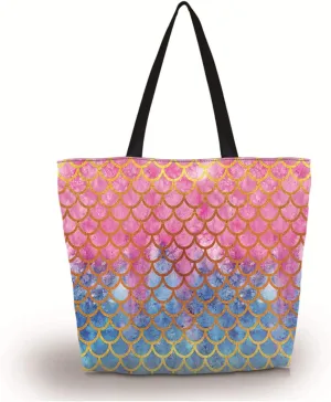 Gym Bag Shopping tote bags,Women Men Boys Girls Travel Beach Grocery shoulder bag with Zipper,Reusable Gym Picnic Work Daily Use (Mermaid Scale)