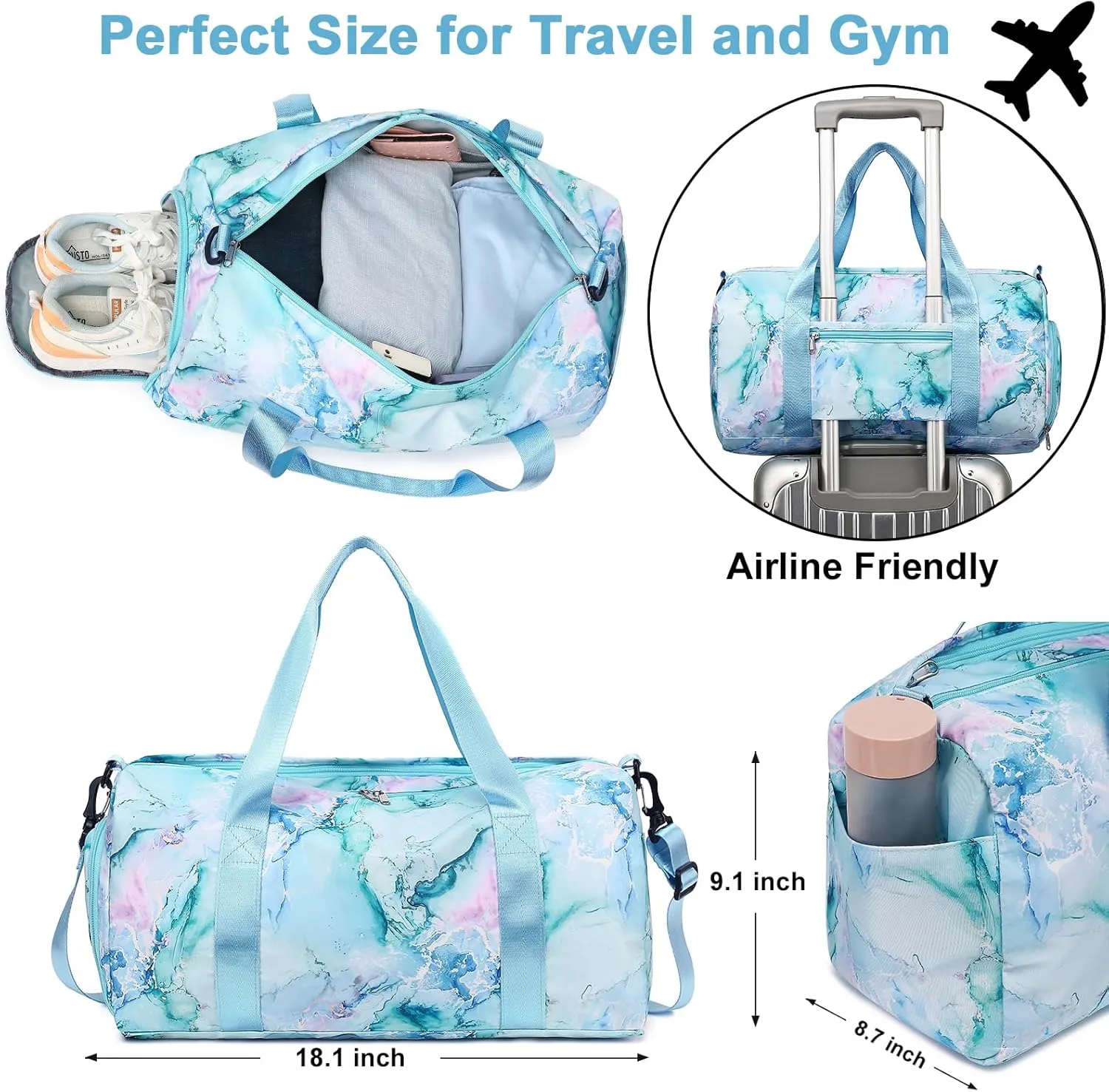 Gym Bag Sports Duffle Bag with Wet Pocket Weekender Overnight Bag with Waterproof Shoe Pouch and Air Hole for Girls Kids Women Travel Foldable Bag