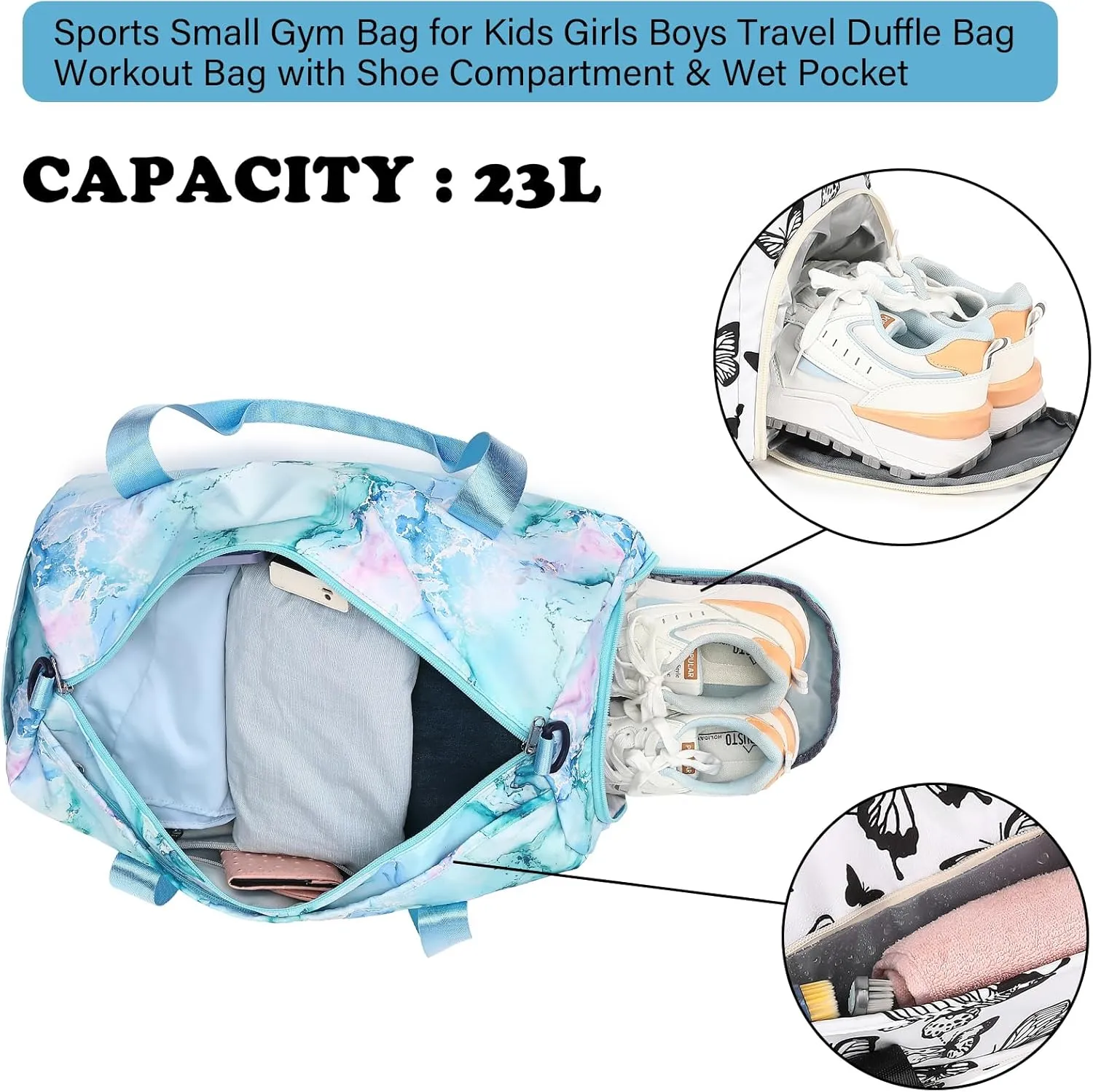 Gym Bag Sports Duffle Bag with Wet Pocket Weekender Overnight Bag with Waterproof Shoe Pouch and Air Hole for Girls Kids Women Travel Foldable Bag