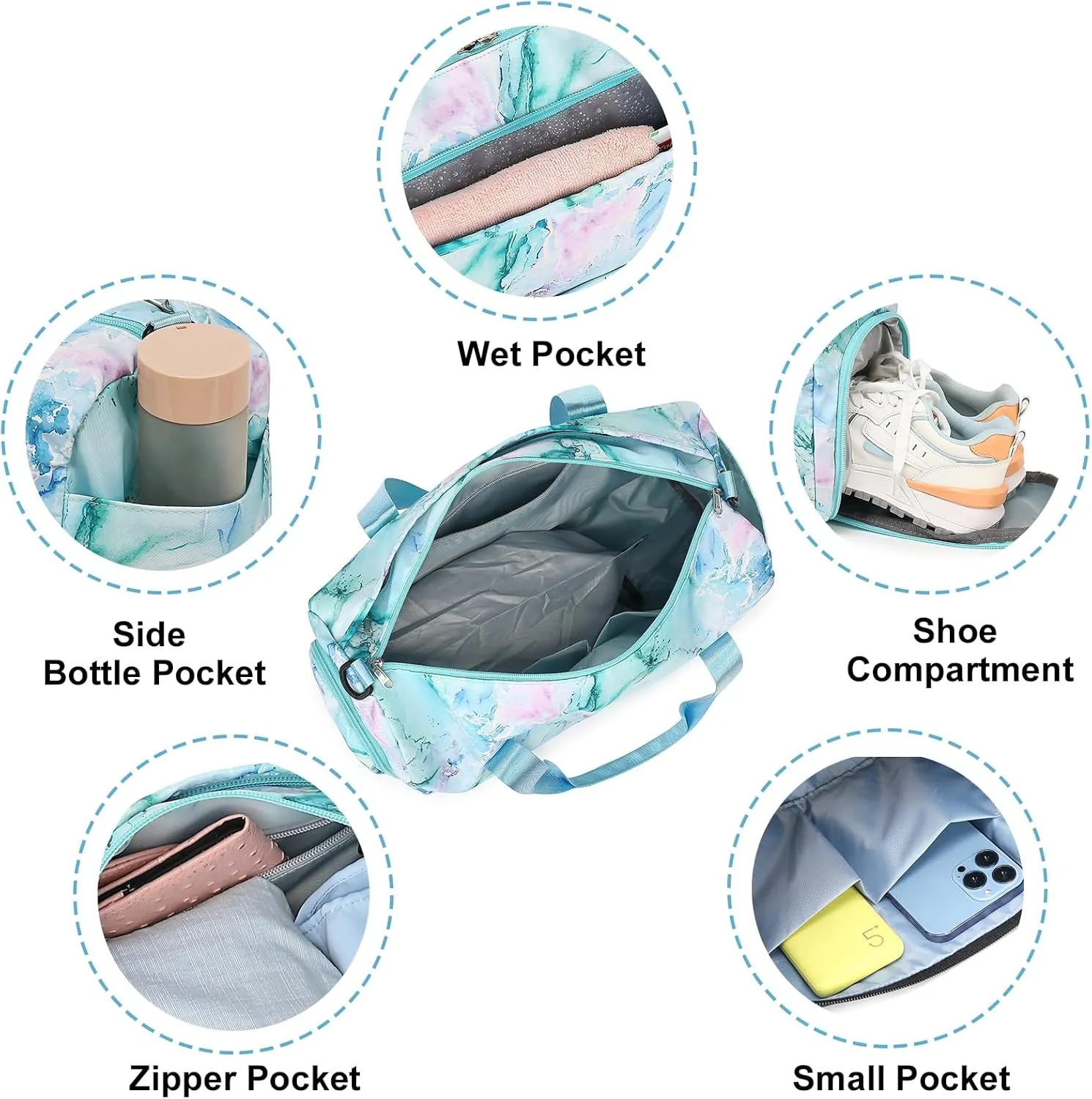 Gym Bag Sports Duffle Bag with Wet Pocket Weekender Overnight Bag with Waterproof Shoe Pouch and Air Hole for Girls Kids Women Travel Foldable Bag