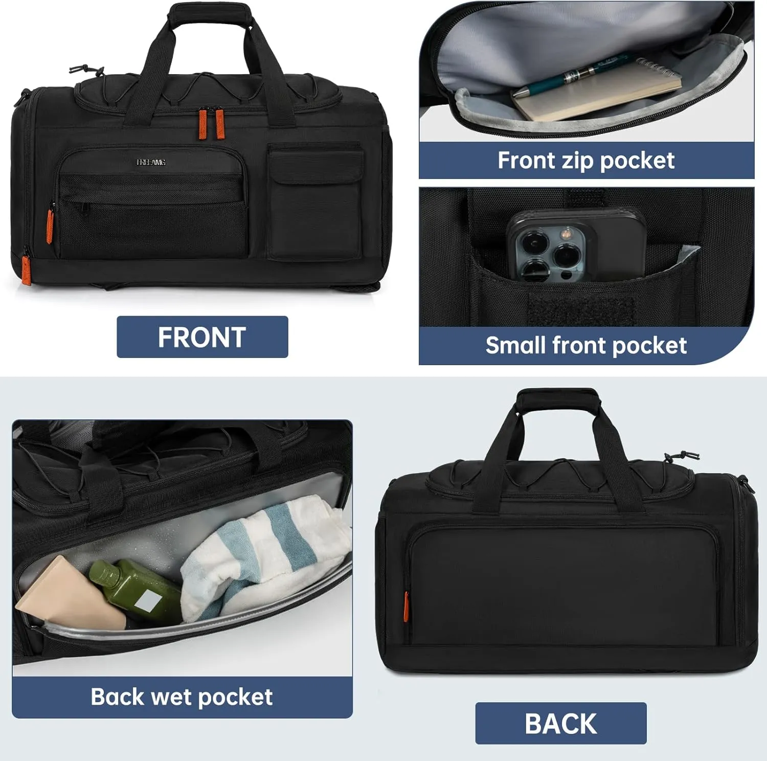 Gym Bag with Shoe Laptop Compartment for Men Women 35L Water-resistant Sports Gym Duffle Backpack Travel Duffle Bag with Wet Pocket Weekender Overnight Carry On Backpack (Black)