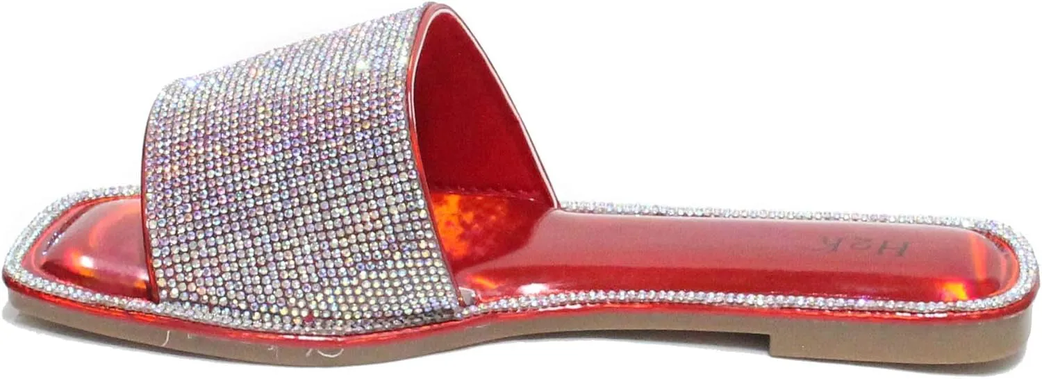H2K Womens Glitter Bling Fancy Slide Flat Low Wedge Sparkle Sandals Shoes Dream