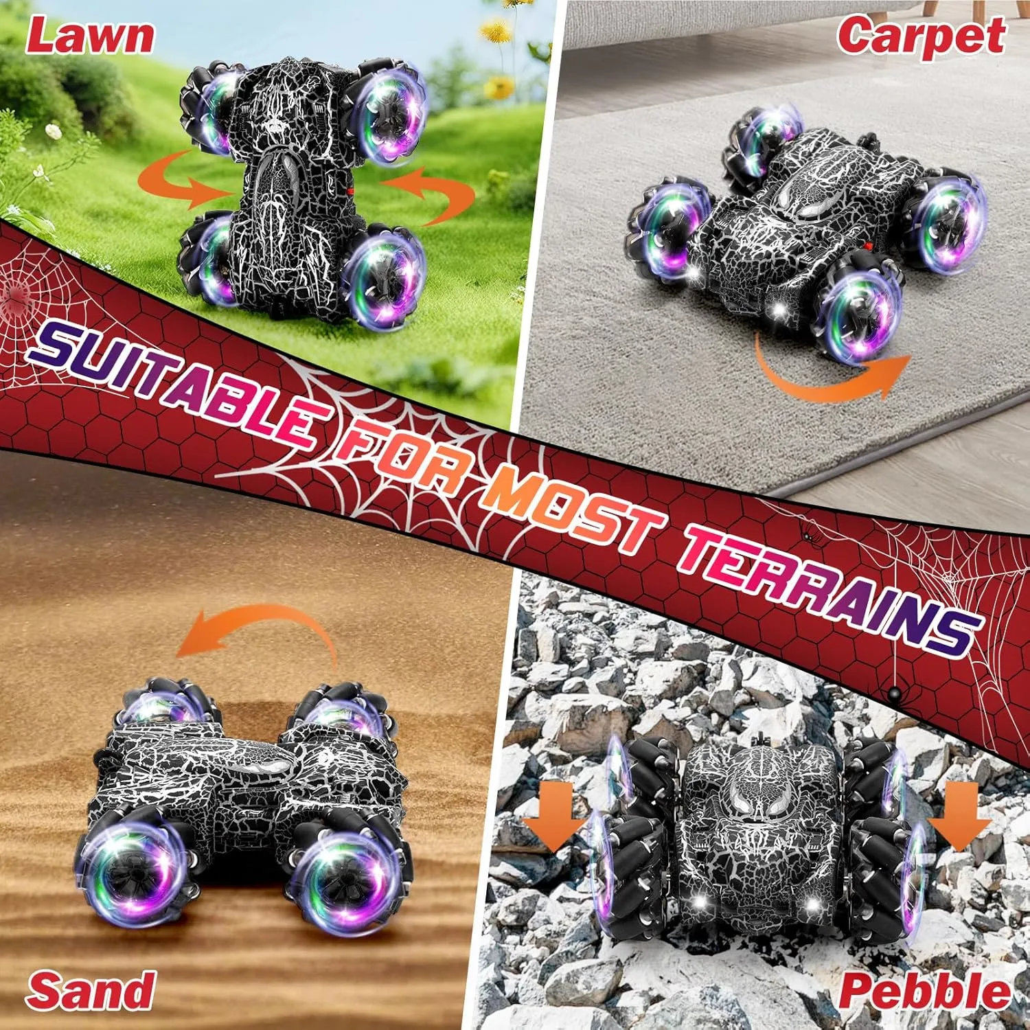 Hand Controlled Remote Control Car, 2.4Ghz Gesture Sensing RC Stunt Car with Wholebody Light & Headlight, Rechargeable 360° Rotating Double Sided RC Cars Black Spider Toys for Boys 4-6 5-7 8-12