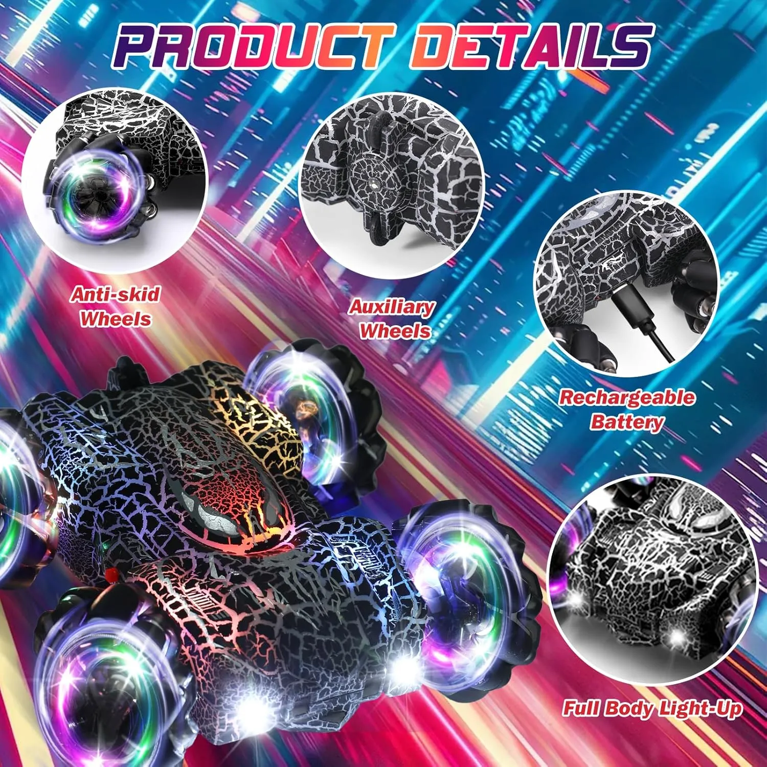 Hand Controlled Remote Control Car, 2.4Ghz Gesture Sensing RC Stunt Car with Wholebody Light & Headlight, Rechargeable 360° Rotating Double Sided RC Cars Black Spider Toys for Boys 4-6 5-7 8-12