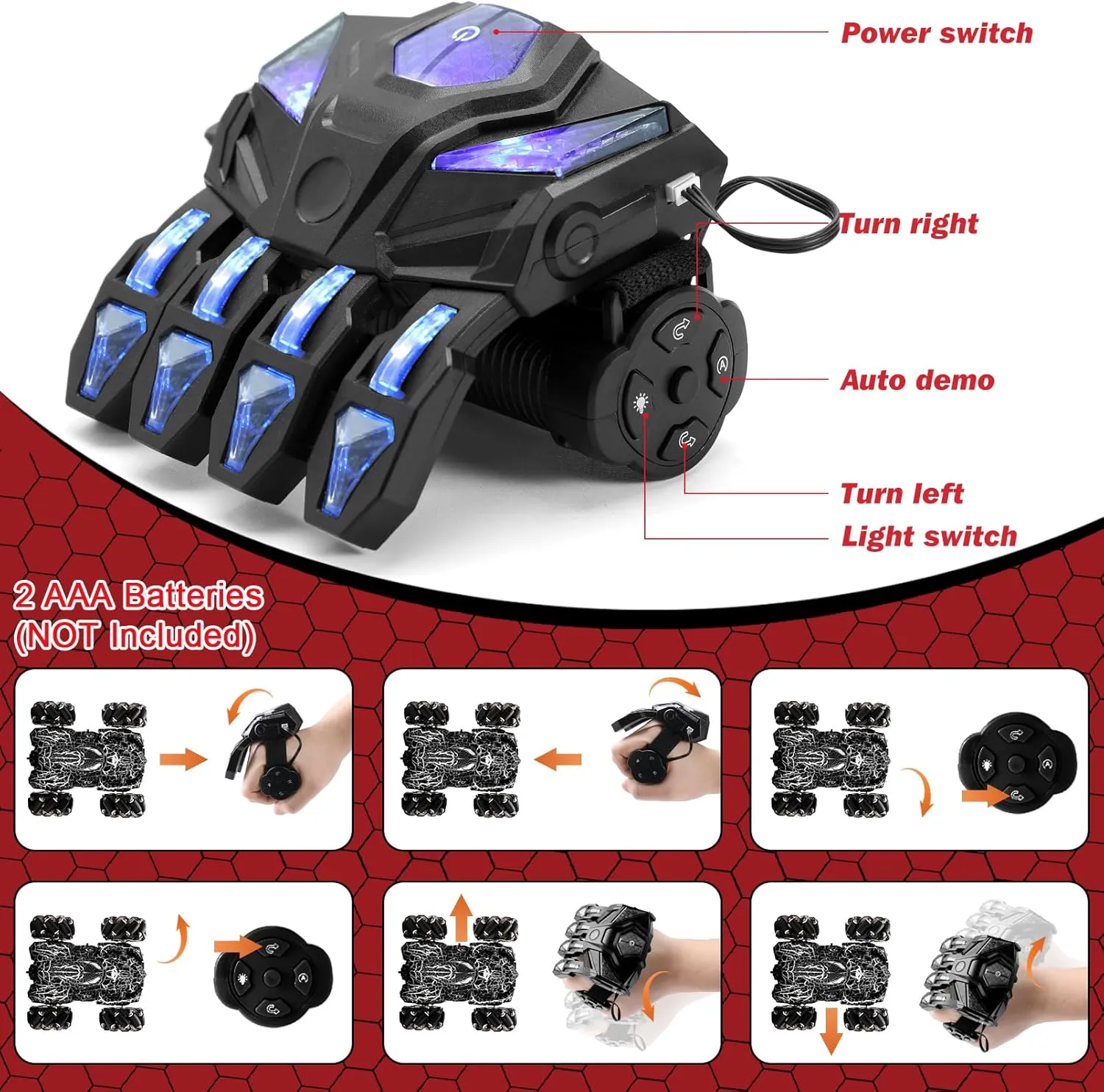Hand Controlled Remote Control Car, 2.4Ghz Gesture Sensing RC Stunt Car with Wholebody Light & Headlight, Rechargeable 360° Rotating Double Sided RC Cars Black Spider Toys for Boys 4-6 5-7 8-12