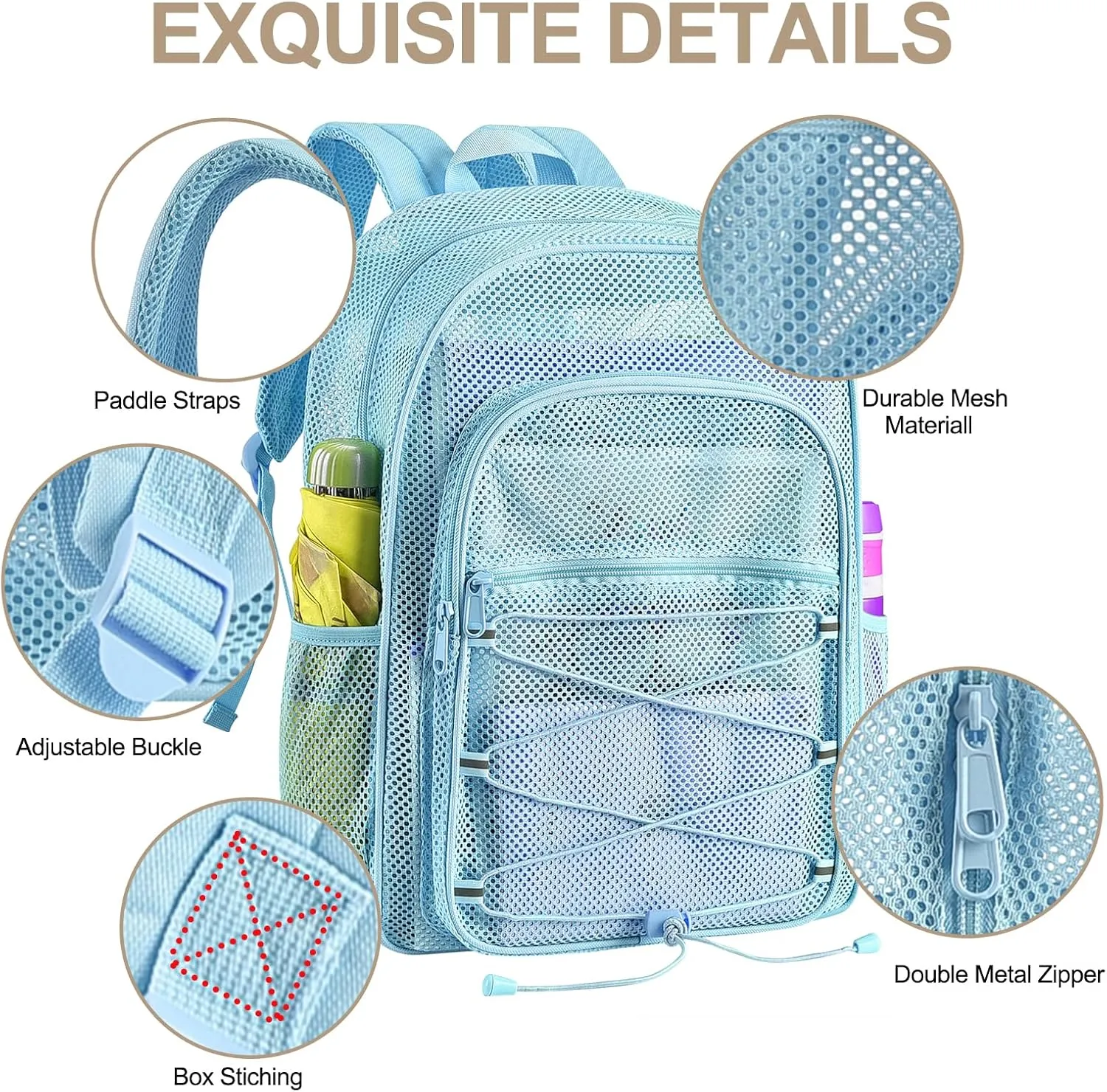 Heavy Duty Mesh Backpacks for Adults, See Through Backpack with Adjustable Straps, Mesh Bags for Swimming(Blue)