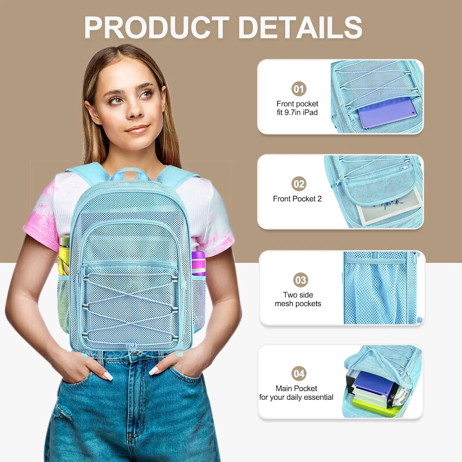 Heavy Duty Mesh Backpacks for Adults, See Through Backpack with Adjustable Straps, Mesh Bags for Swimming(Blue)