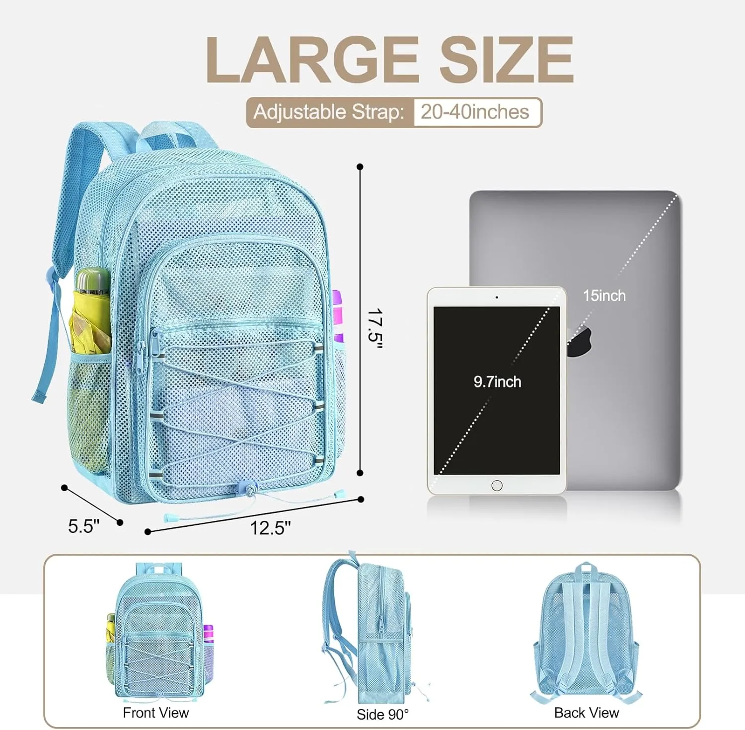 Heavy Duty Mesh Backpacks for Adults, See Through Backpack with Adjustable Straps, Mesh Bags for Swimming(Blue)