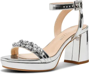 HEUIVZAR Womens Platform Chunky Block Heels Open Toe Ankle Strap Rhinestone Crystal Wedding Sandals Slingback Dress Shoes 3.2 Inches Heels