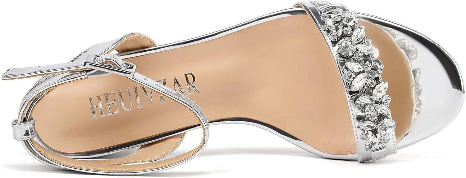 HEUIVZAR Womens Platform Chunky Block Heels Open Toe Ankle Strap Rhinestone Crystal Wedding Sandals Slingback Dress Shoes 3.2 Inches Heels