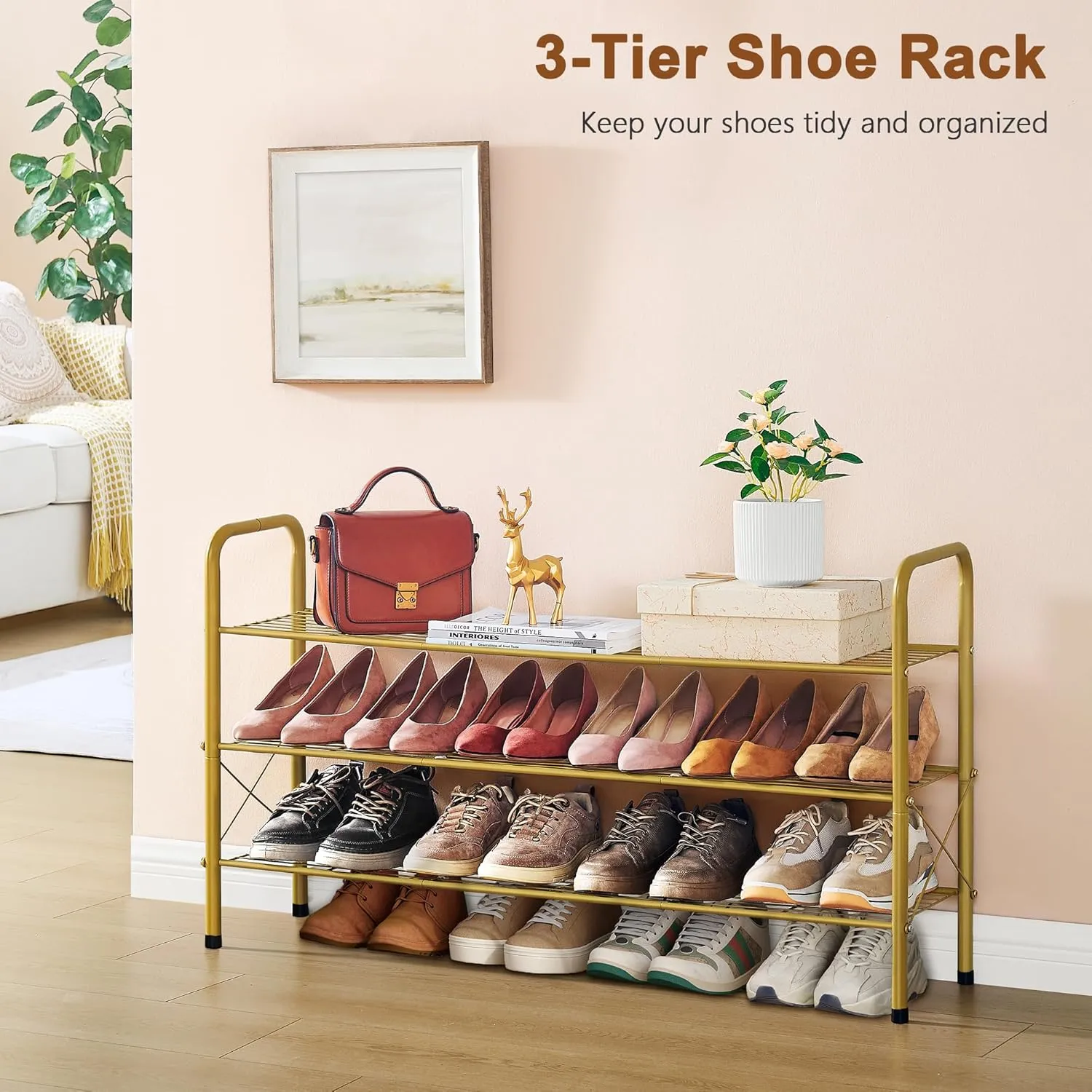 Hoctieon 3 Tier Durable Mesh Style Shoe Rack, Entryway Shoe Shelf, Shoe Rack Free Standing, Shoe Storage Organizer, Shoe Rack for Closet, Gold