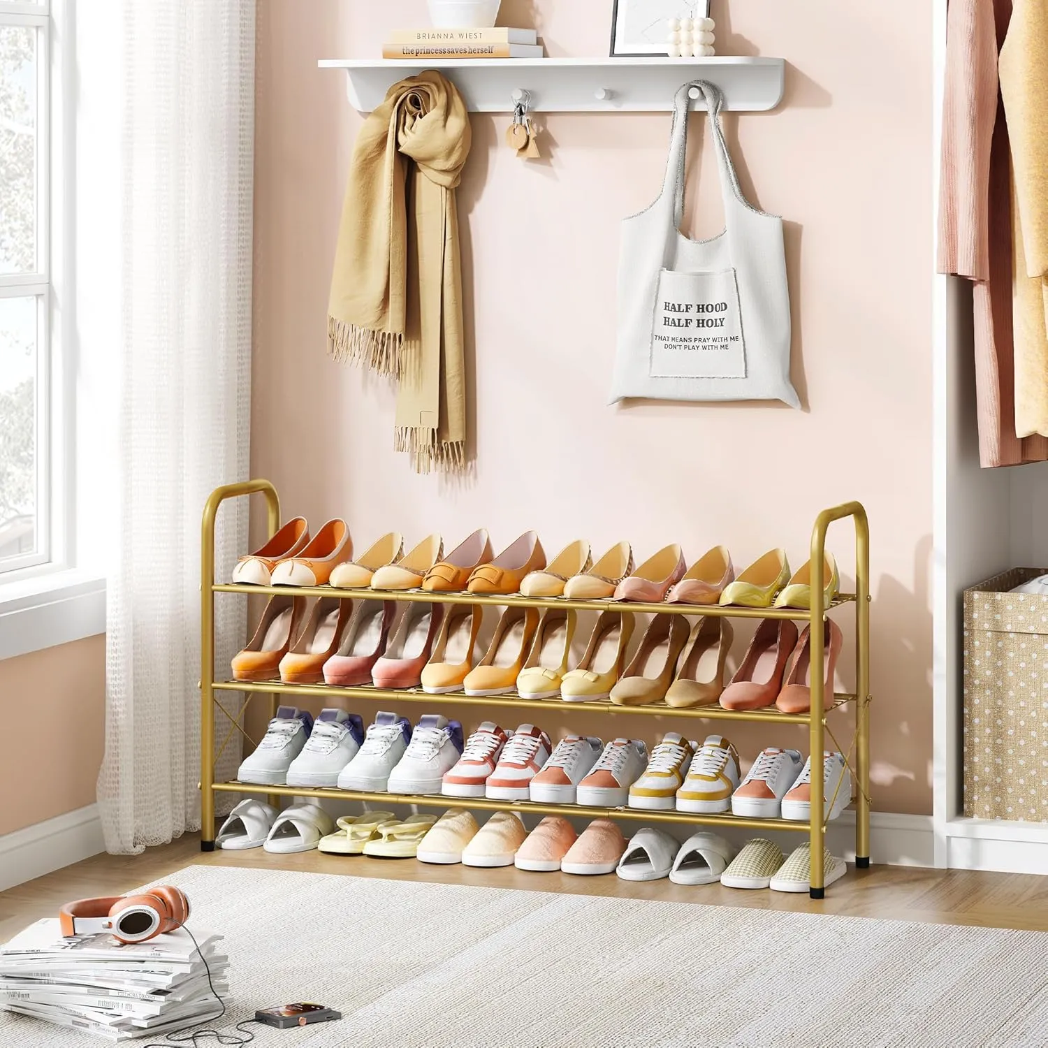 Hoctieon 3 Tier Durable Mesh Style Shoe Rack, Entryway Shoe Shelf, Shoe Rack Free Standing, Shoe Storage Organizer, Shoe Rack for Closet, Gold