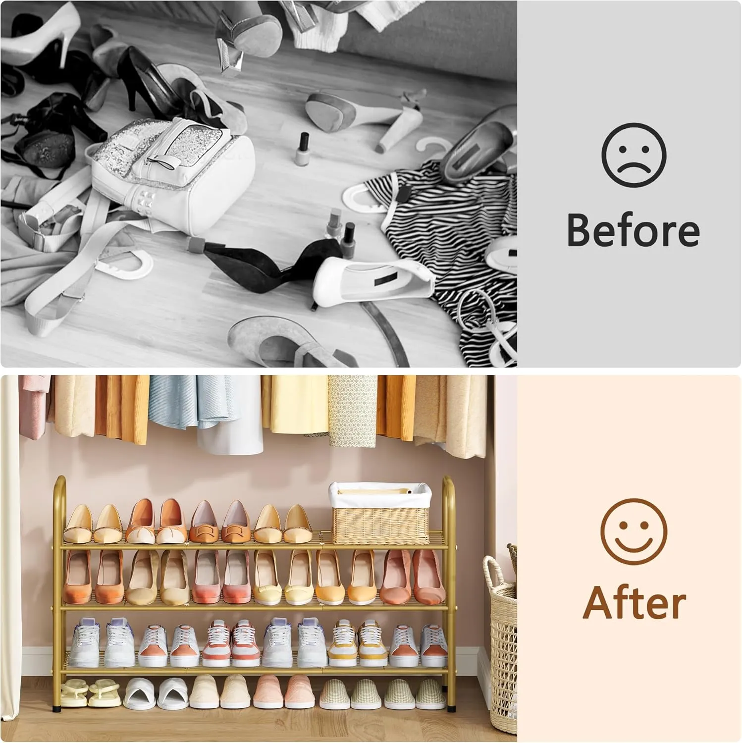 Hoctieon 3 Tier Durable Mesh Style Shoe Rack, Entryway Shoe Shelf, Shoe Rack Free Standing, Shoe Storage Organizer, Shoe Rack for Closet, Gold