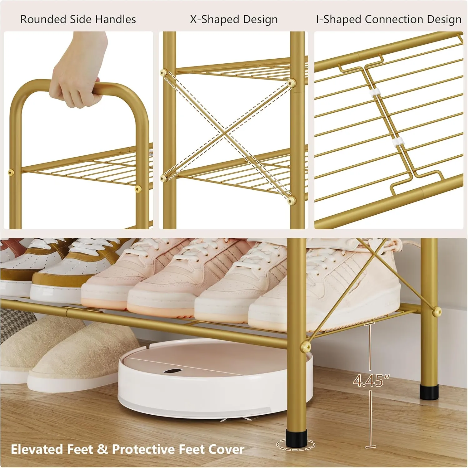 Hoctieon 3 Tier Durable Mesh Style Shoe Rack, Entryway Shoe Shelf, Shoe Rack Free Standing, Shoe Storage Organizer, Shoe Rack for Closet, Gold