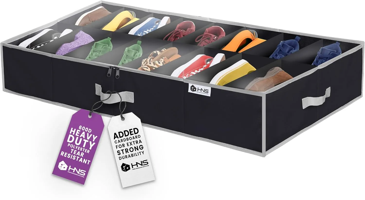 HOLDN' STORAGE Extra-Large Under Bed Shoe Storage Organizer - Underbed Storage Solution Fits Men's and Women's Shoes, High Heels, and Sneakers with Durable Vinyl Cover & Extra-Strong Zipper - Black