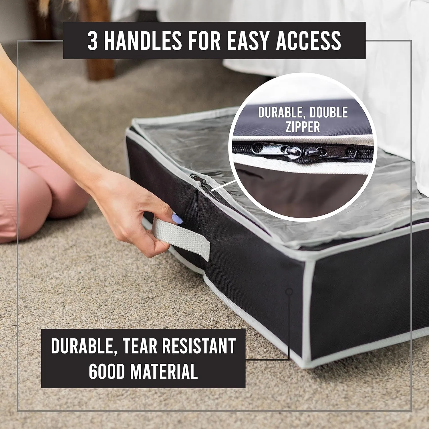 HOLDN' STORAGE Extra-Large Under Bed Shoe Storage Organizer - Underbed Storage Solution Fits Men's and Women's Shoes, High Heels, and Sneakers with Durable Vinyl Cover & Extra-Strong Zipper - Black
