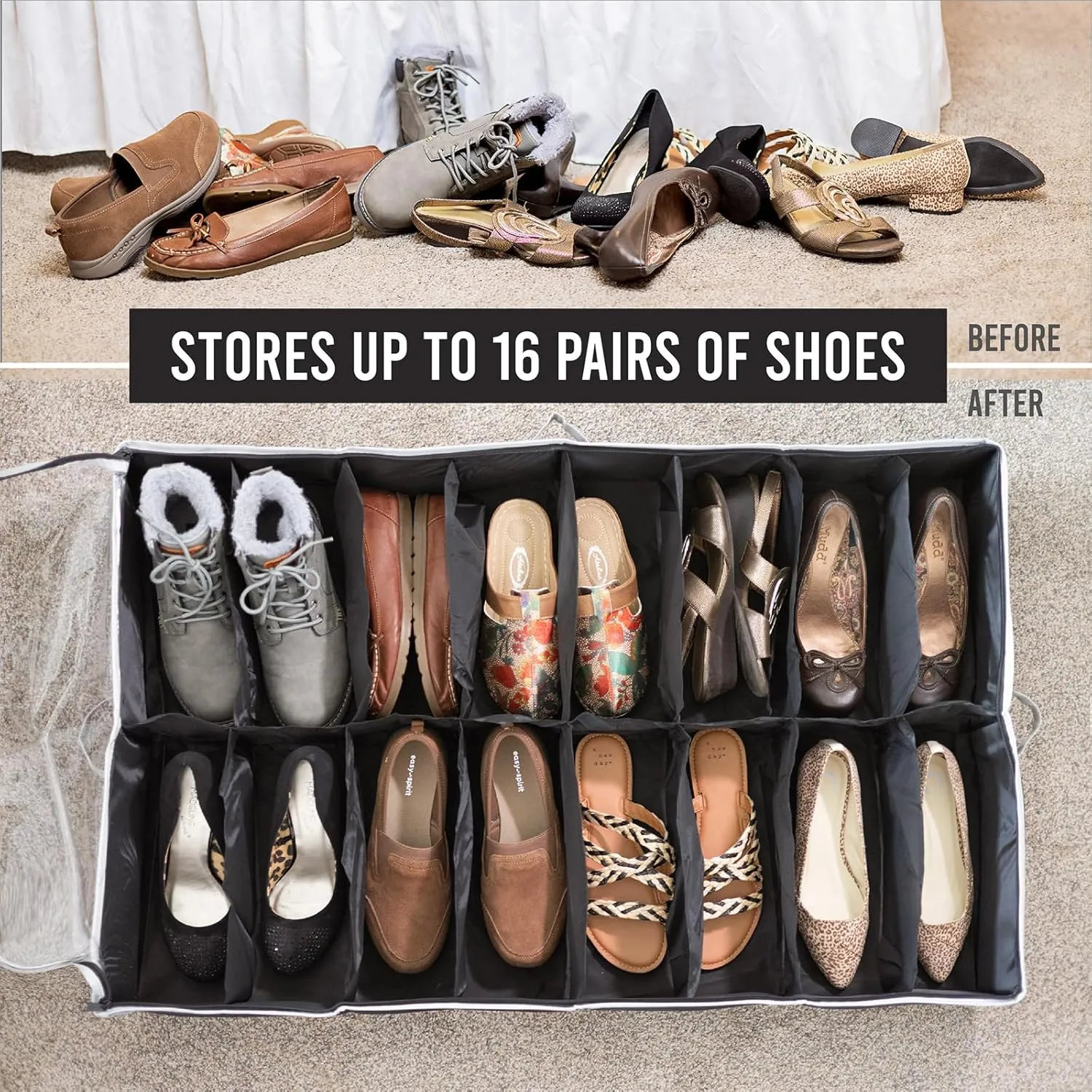 HOLDN' STORAGE Extra-Large Under Bed Shoe Storage Organizer - Underbed Storage Solution Fits Men's and Women's Shoes, High Heels, and Sneakers with Durable Vinyl Cover & Extra-Strong Zipper - Black