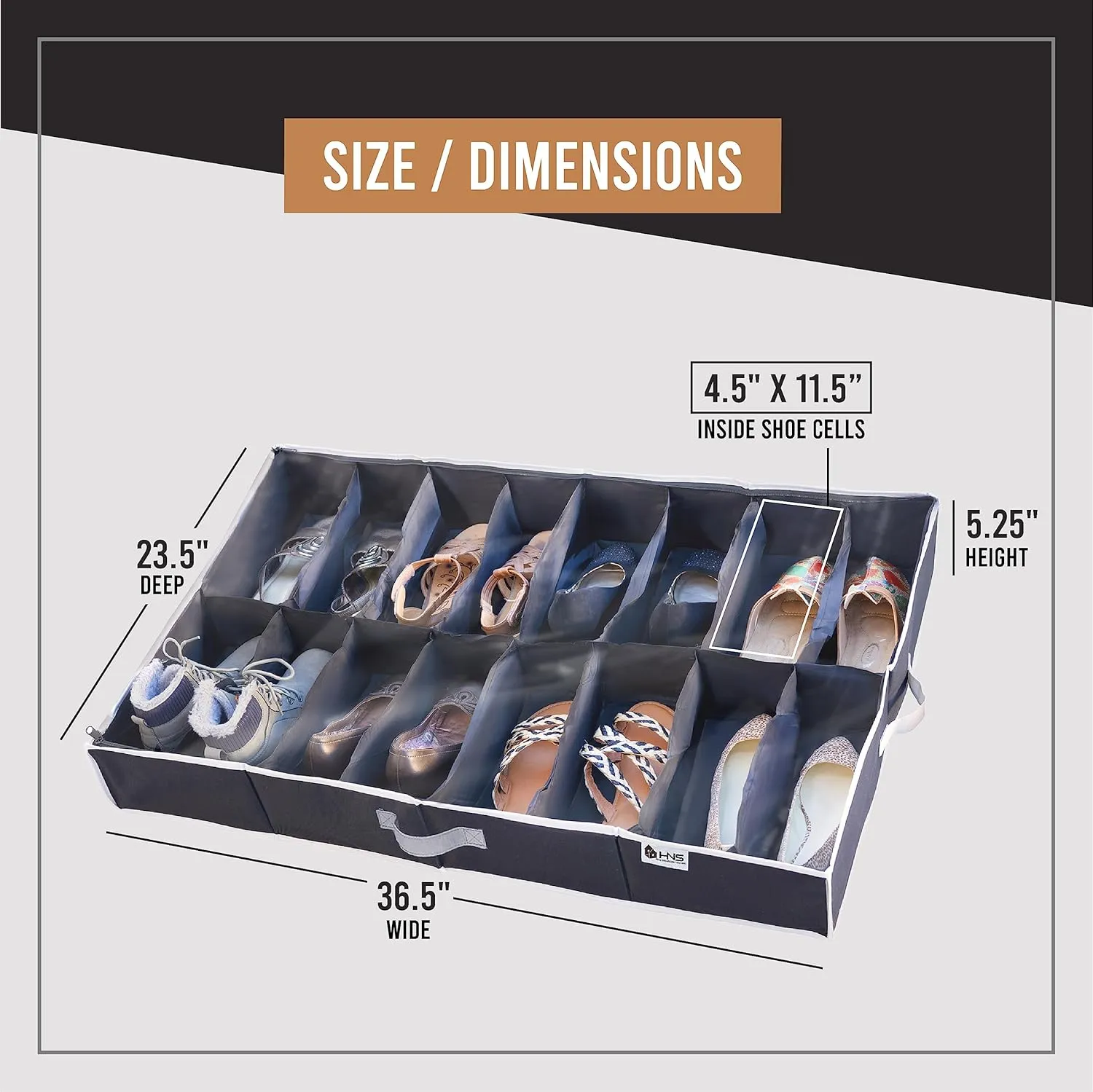 HOLDN' STORAGE Extra-Large Under Bed Shoe Storage Organizer - Underbed Storage Solution Fits Men's and Women's Shoes, High Heels, and Sneakers with Durable Vinyl Cover & Extra-Strong Zipper - Black