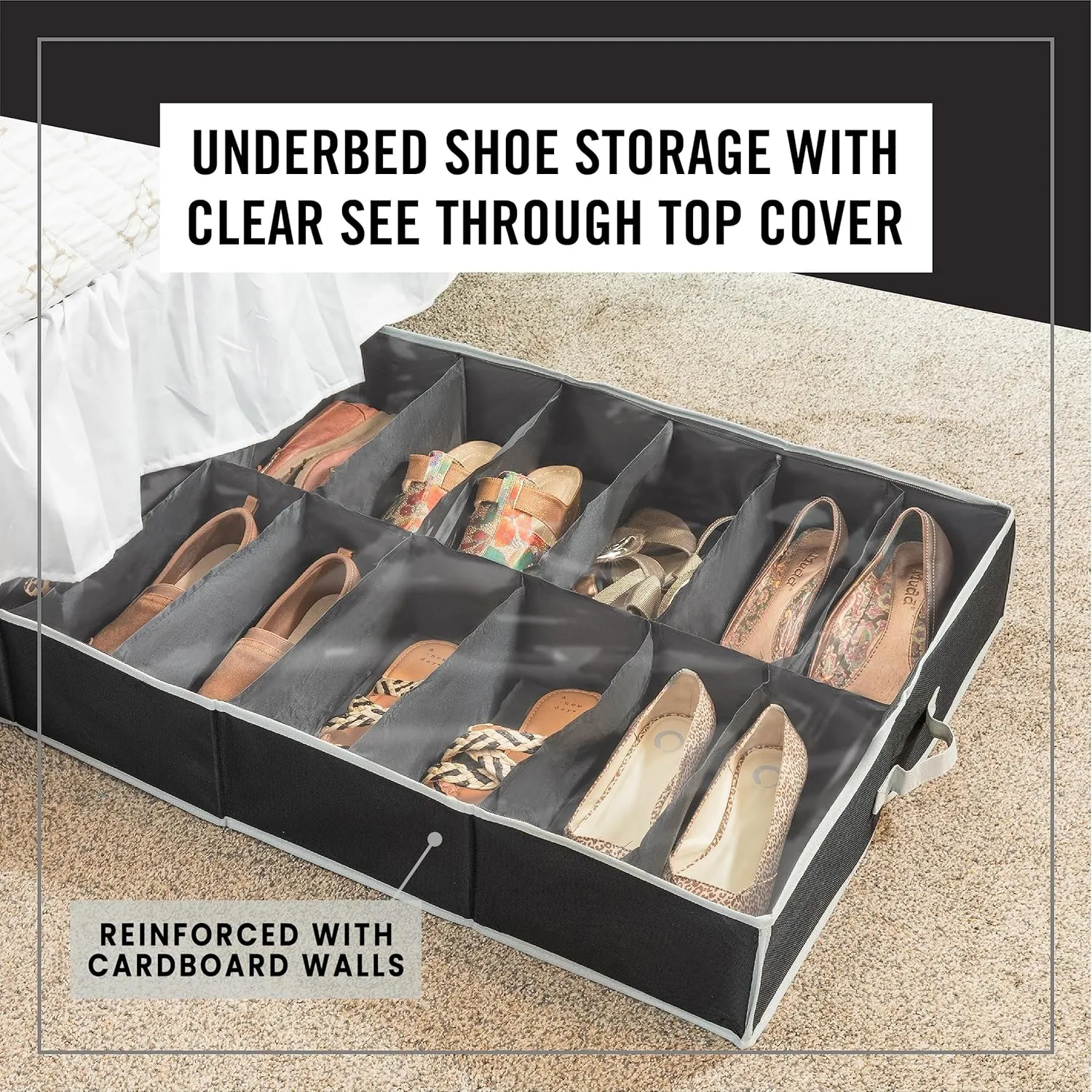 HOLDN' STORAGE Extra-Large Under Bed Shoe Storage Organizer - Underbed Storage Solution Fits Men's and Women's Shoes, High Heels, and Sneakers with Durable Vinyl Cover & Extra-Strong Zipper - Black