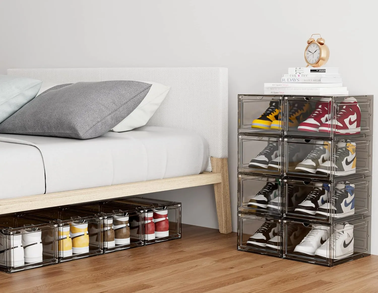 HOMIDEC Shoe Storage, 6 Pack Shoe Organizer Hard Plastic Shoe Box, Shoe Boxes Clear Plastic Stackable, Shoe Boxes with Lids for Size 13, Clear Smoke