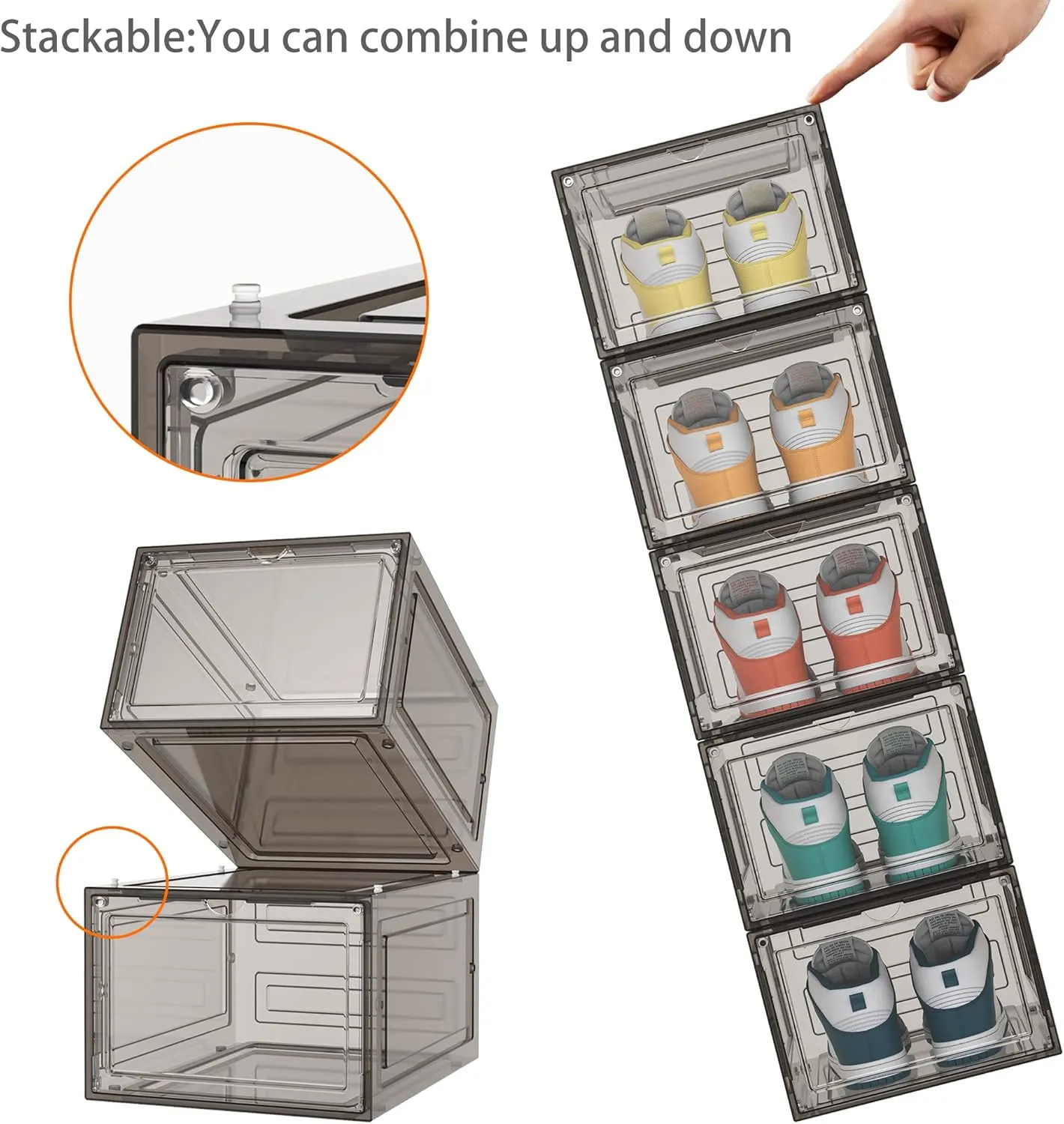 HOMIDEC Shoe Storage, 6 Pack Shoe Organizer Hard Plastic Shoe Box, Shoe Boxes Clear Plastic Stackable, Shoe Boxes with Lids for Size 13, Clear Smoke
