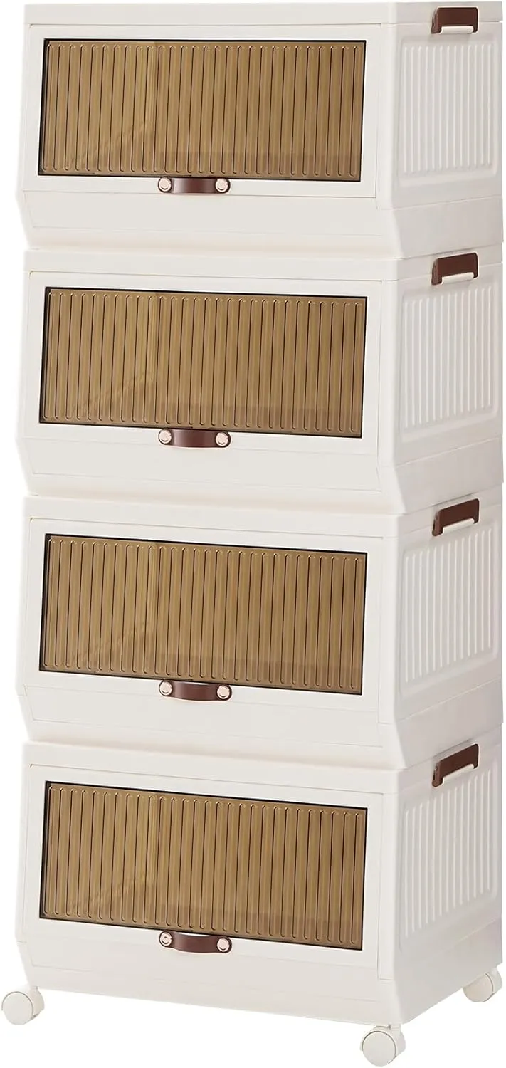 HOOBRO Stackable Storage Bins with Lids, 4 Pack Foldable Plastic Storage Cabinet with Doors and Wheels, 60 QT Closet Organizers, White WG458CW01