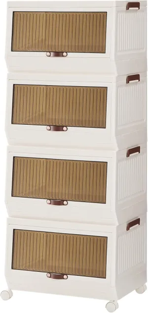 HOOBRO Stackable Storage Bins with Lids, 4 Pack Foldable Plastic Storage Cabinet with Doors and Wheels, 60 QT Closet Organizers, White WG458CW01