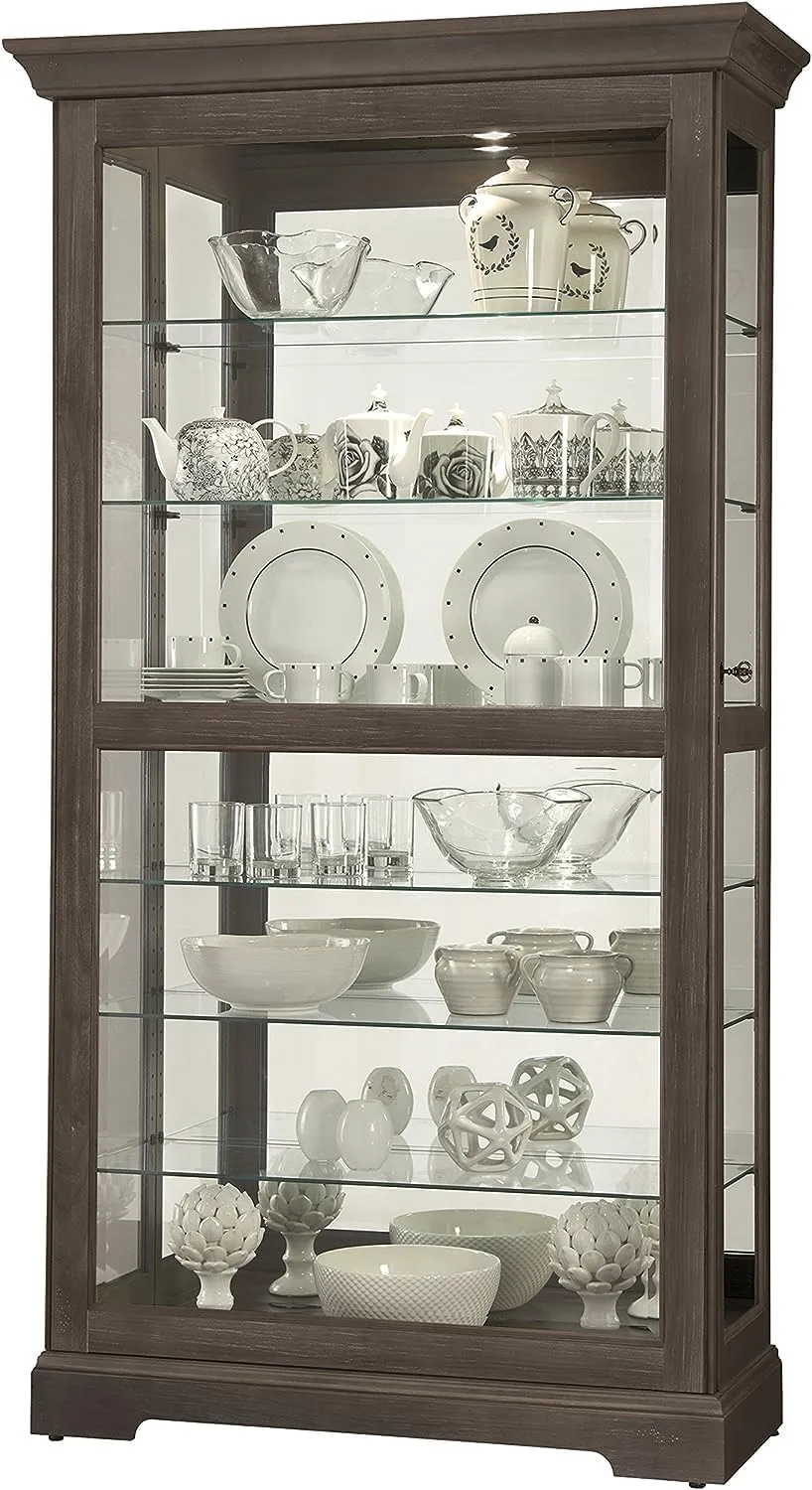 Howard Miller Giauque Curio Cabinet II - Floor Mount Showcase Auburn Finish Lockable Shelves & Levelers, Adjustable Vertical Plate Display Perfect for Living Room Office and Room Decor