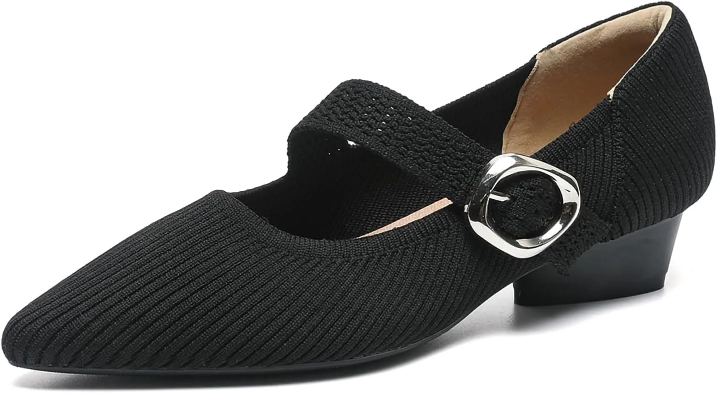 HROYL Women Knit Shoes Low Heel Dress Pumps Chunky Heel Mary Jane Knited Shoes,Model B35-5