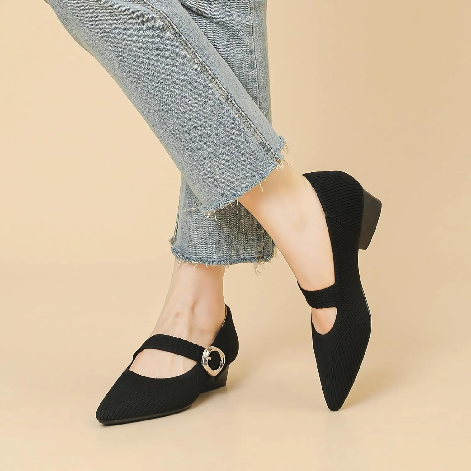 HROYL Women Knit Shoes Low Heel Dress Pumps Chunky Heel Mary Jane Knited Shoes,Model B35-5