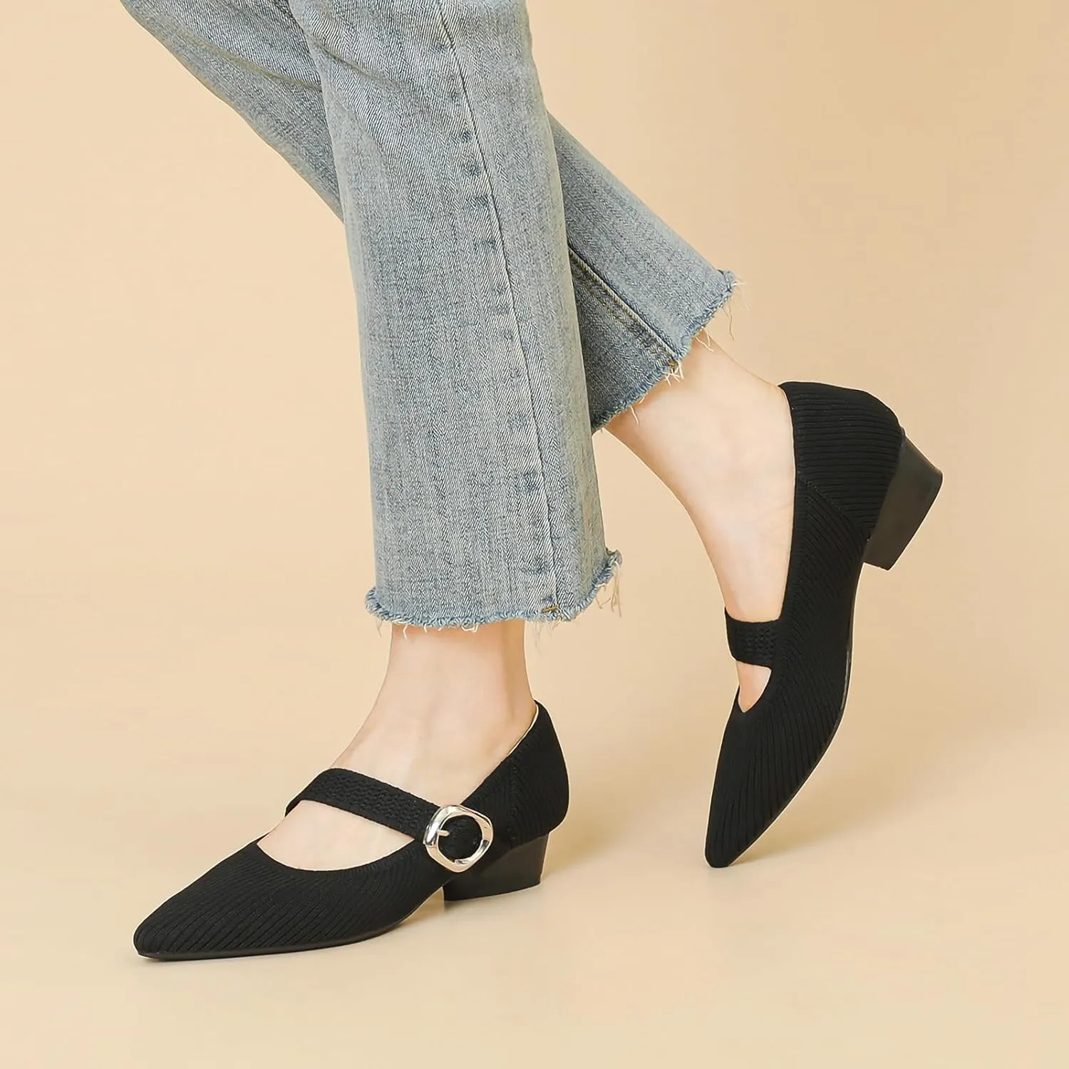 HROYL Women Knit Shoes Low Heel Dress Pumps Chunky Heel Mary Jane Knited Shoes,Model B35-5