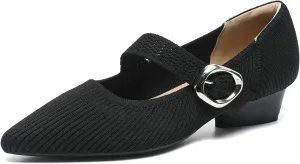 HROYL Women Knit Shoes Low Heel Dress Pumps Chunky Heel Mary Jane Knited Shoes,Model B35-5