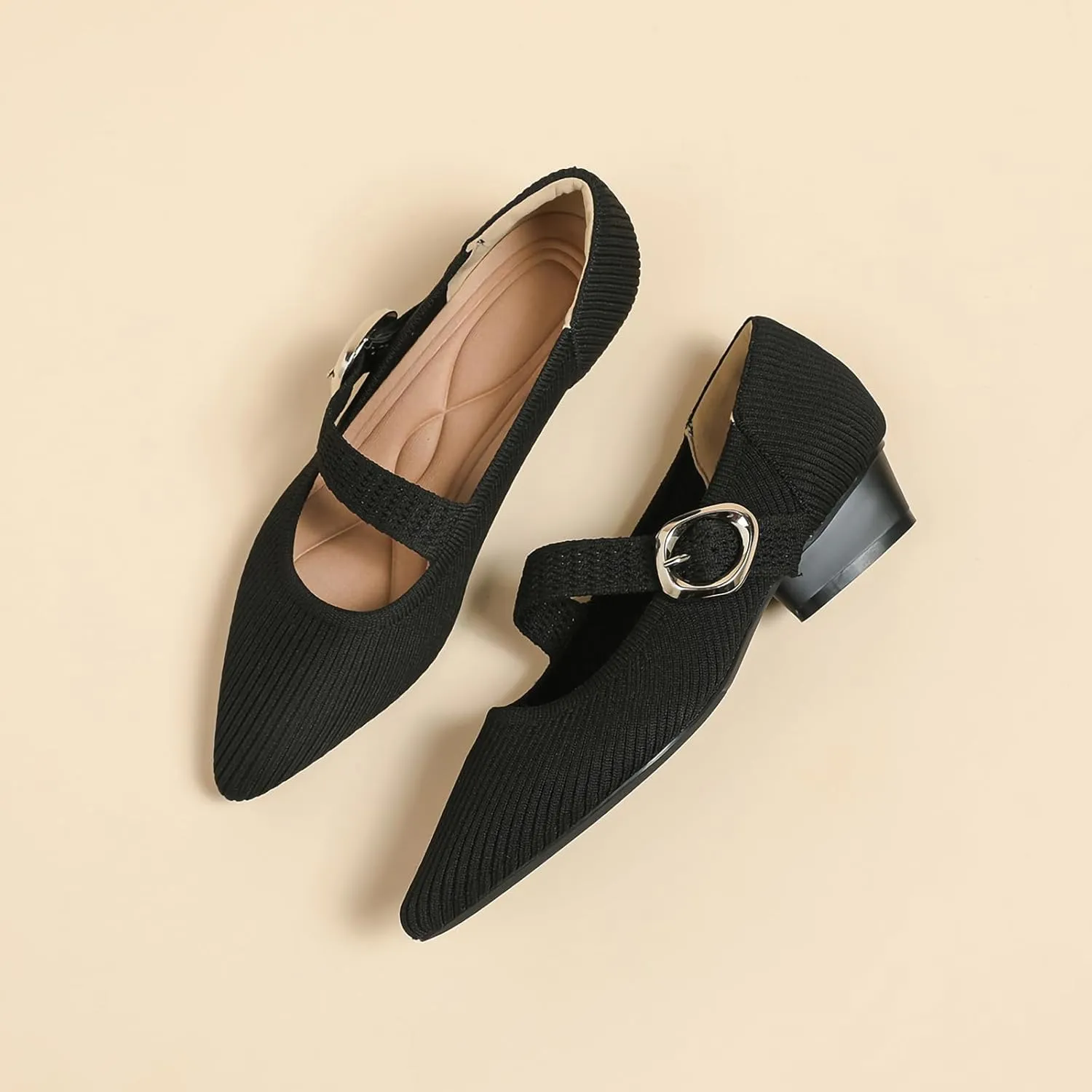 HROYL Women Knit Shoes Low Heel Dress Pumps Chunky Heel Mary Jane Knited Shoes,Model B35-5