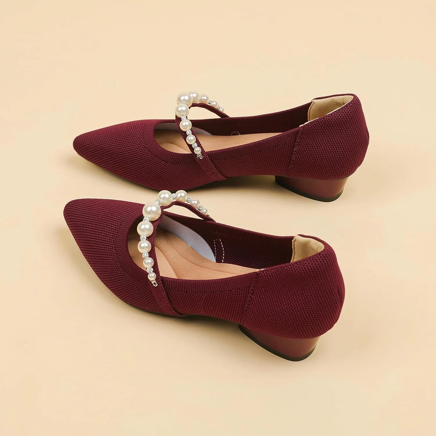 HROYL Women Knit Shoes Low Heel Dress Pumps Imitation Pearls Heart-Type Thick Heel Mary Jane Knited Shoes