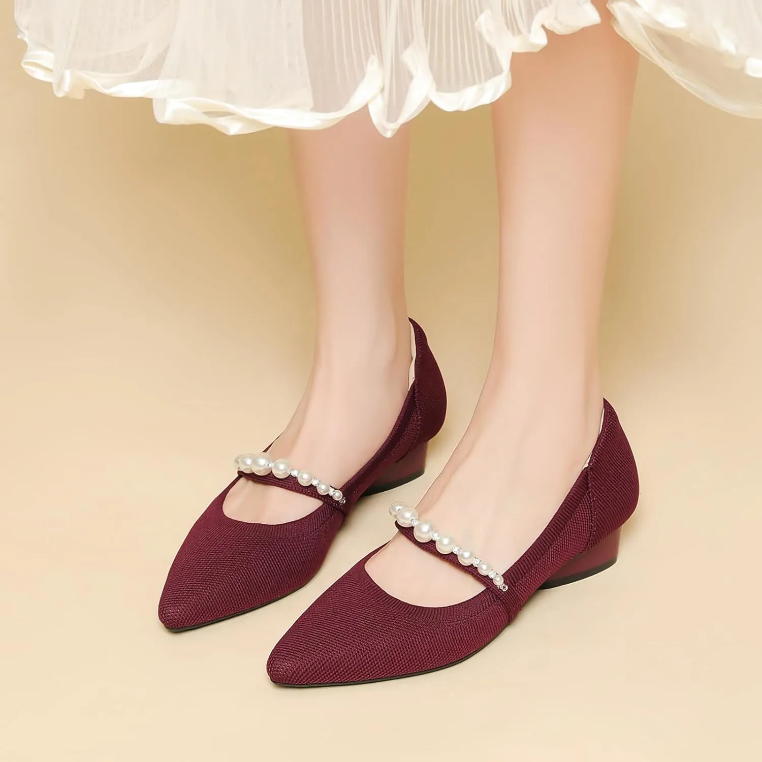 HROYL Women Knit Shoes Low Heel Dress Pumps Imitation Pearls Heart-Type Thick Heel Mary Jane Knited Shoes