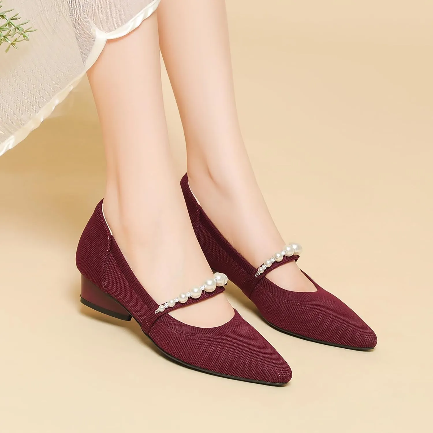 HROYL Women Knit Shoes Low Heel Dress Pumps Imitation Pearls Heart-Type Thick Heel Mary Jane Knited Shoes